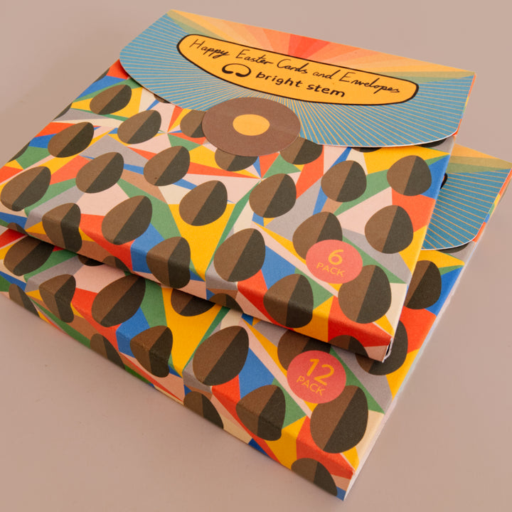 Eco friendly packaging of Bright Stem Easter cards 6 pack and 12pack with colourful vintage style design on a beige background.