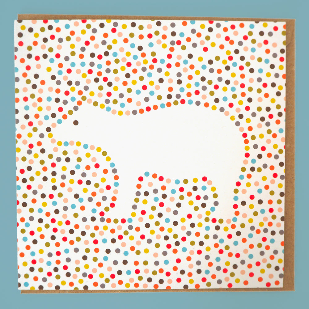 Bright stem Greeting card design featuring an illustration of a Polar Bear with polkadot coloured circles. Inspired by Pop Art paintings.  polar bear . this design was first created as an art print. Suitable for kids birthday parties.