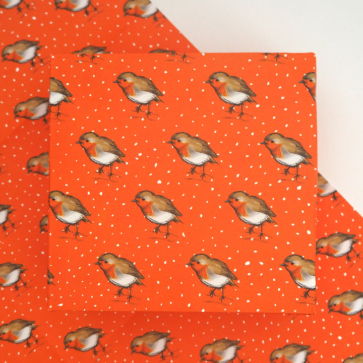 Present wrapped in bright stem Christmas wrapping paper with a repeated Illustration of a Robin on a orange background.
