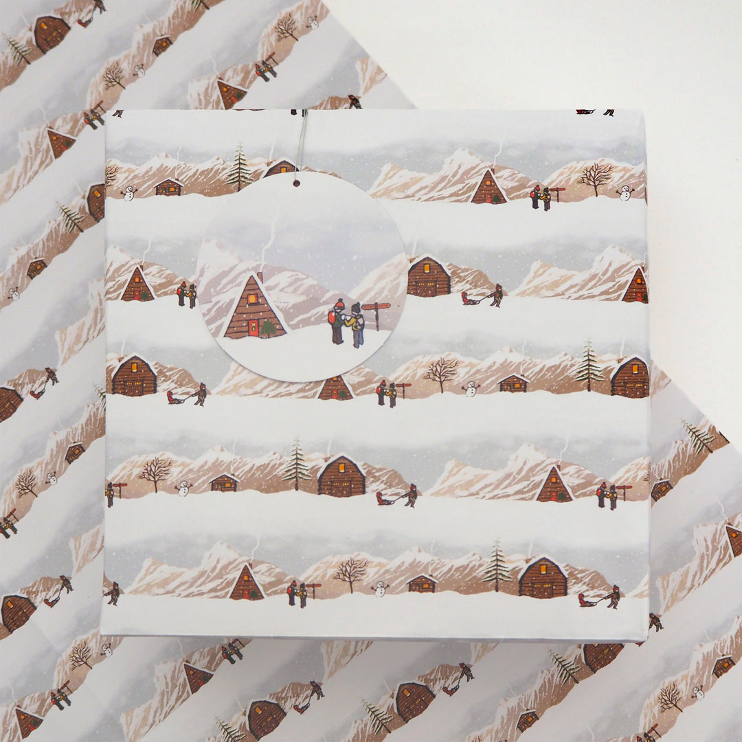 Present wrapped in bright stem Christmas wrapping paper and tag with a repeated Illustration of a Winter Landscape.
