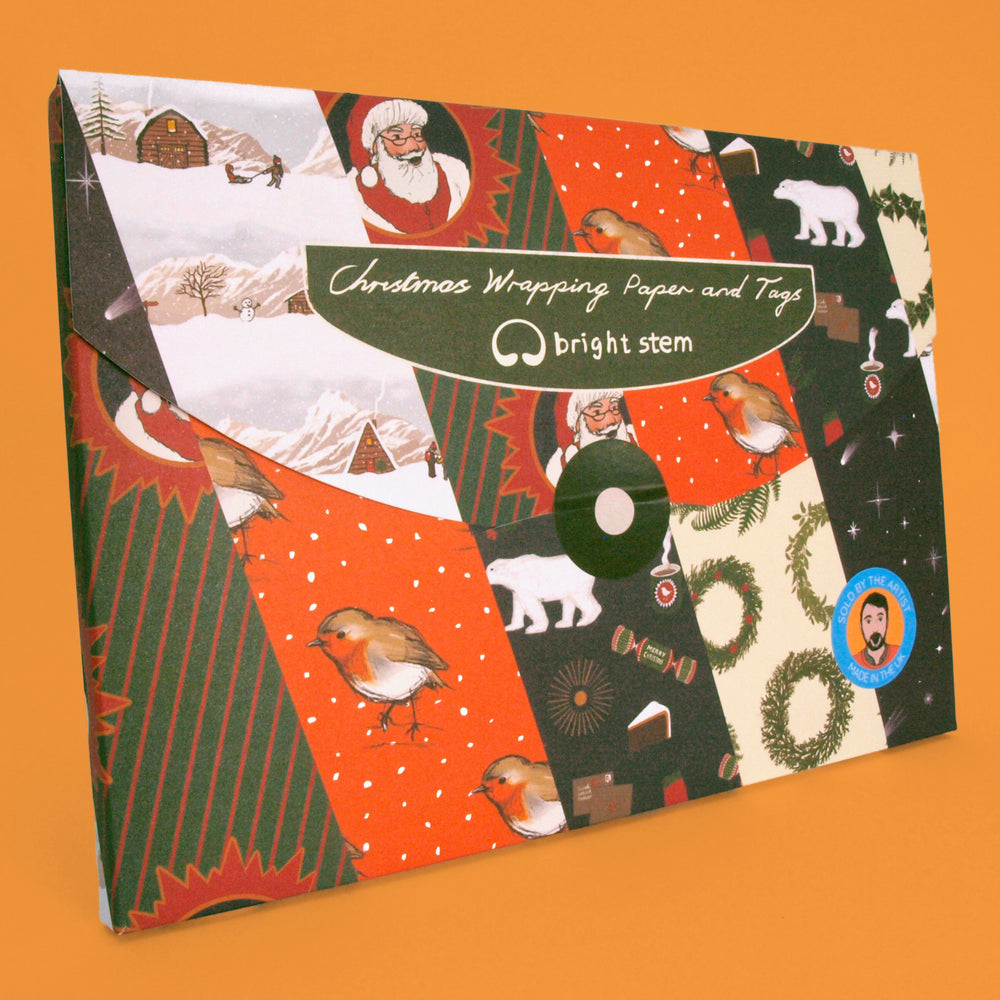 Bright Stem Recyclable Illustrated Christmas Wrapping Paper plastic free packaging recyclable folder. with illustration of artist on circular sticker