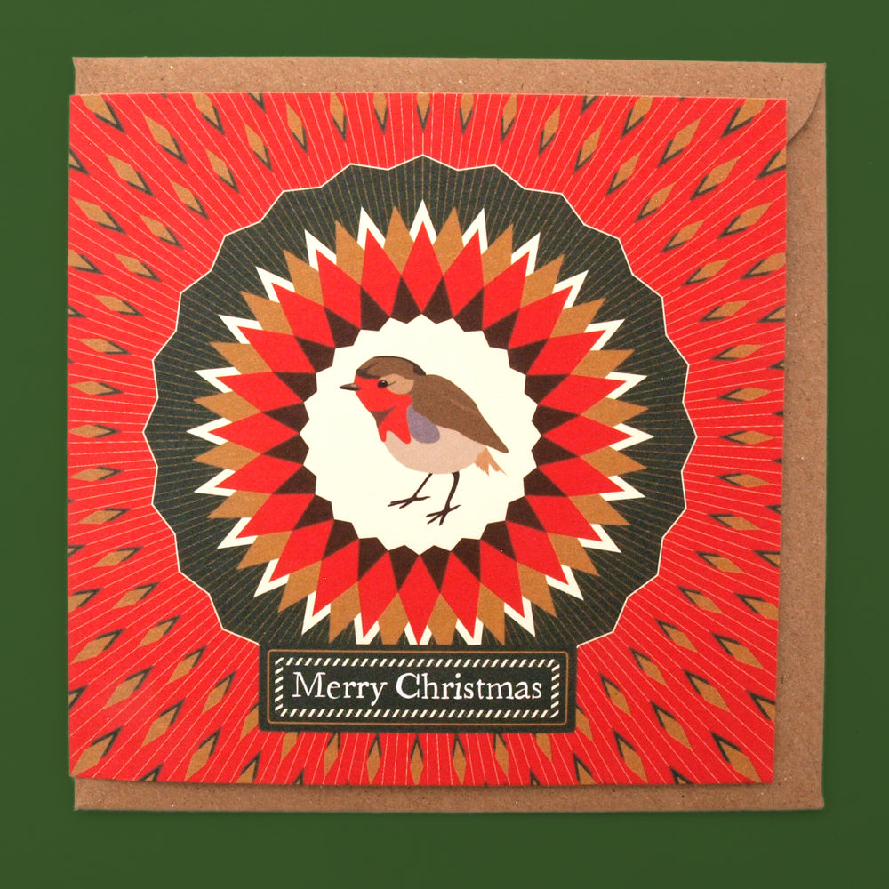 Christmas card with a robin design and 'Merry Christmas' text on a red and bronze kaleidoscopic pattern.