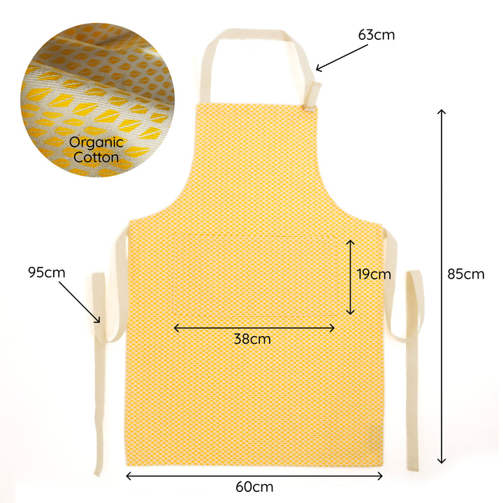 bright stem apron made from organic dill cotton unbleached with yellow triangle pattern and central pocket flat with measurements made in the uk