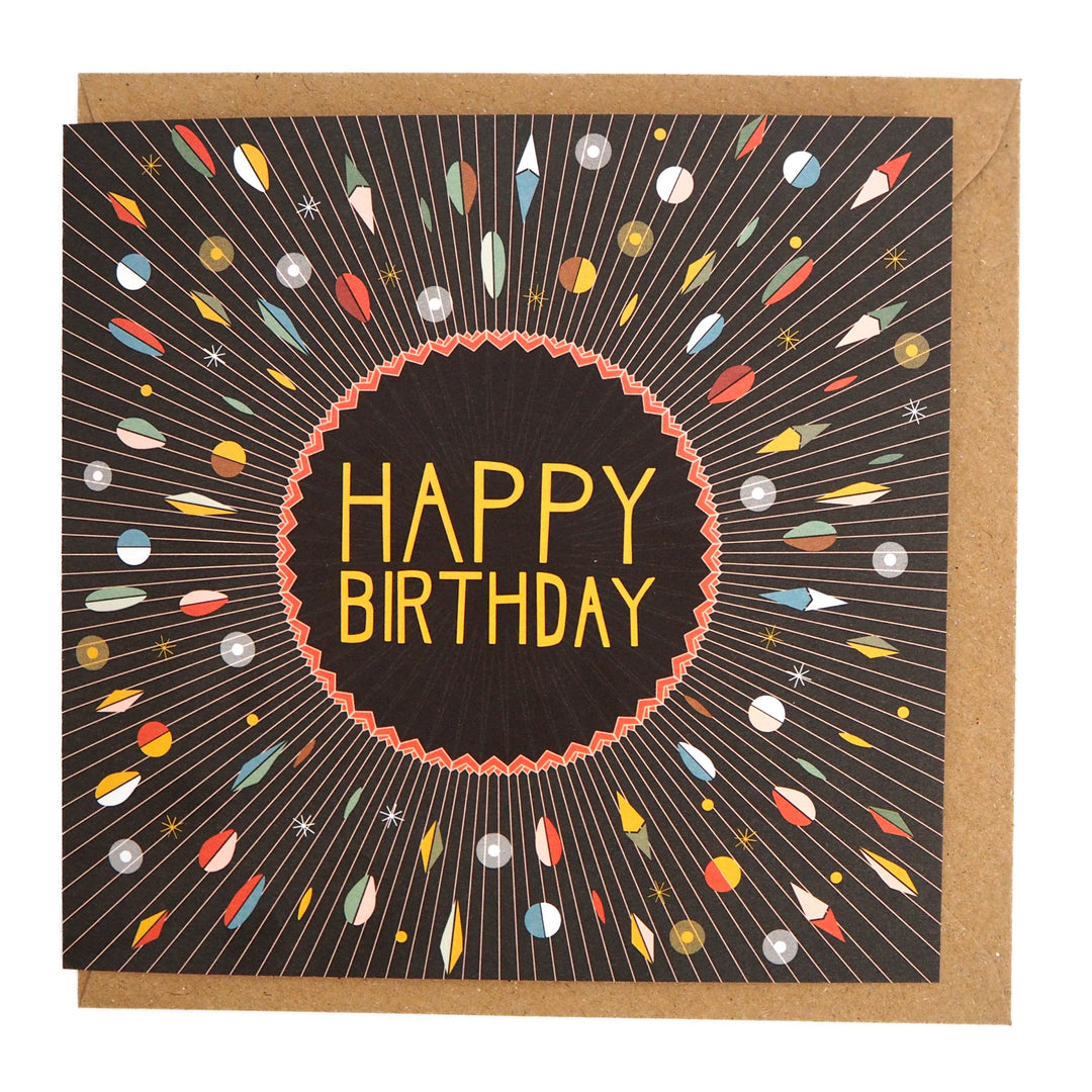 Recyclable greeting card and envelope with 'Happy Birthday' text with a starburst design of abstract shapes. Inspired by Bauhaus and Art Deco Modernist Art movements.