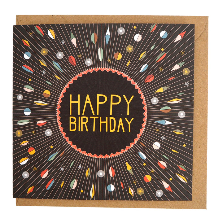 Recyclable greeting card and envelope with 'Happy Birthday' text with a starburst design of abstract shapes. Inspired by Bauhaus and Art Deco Modernist Art movements.