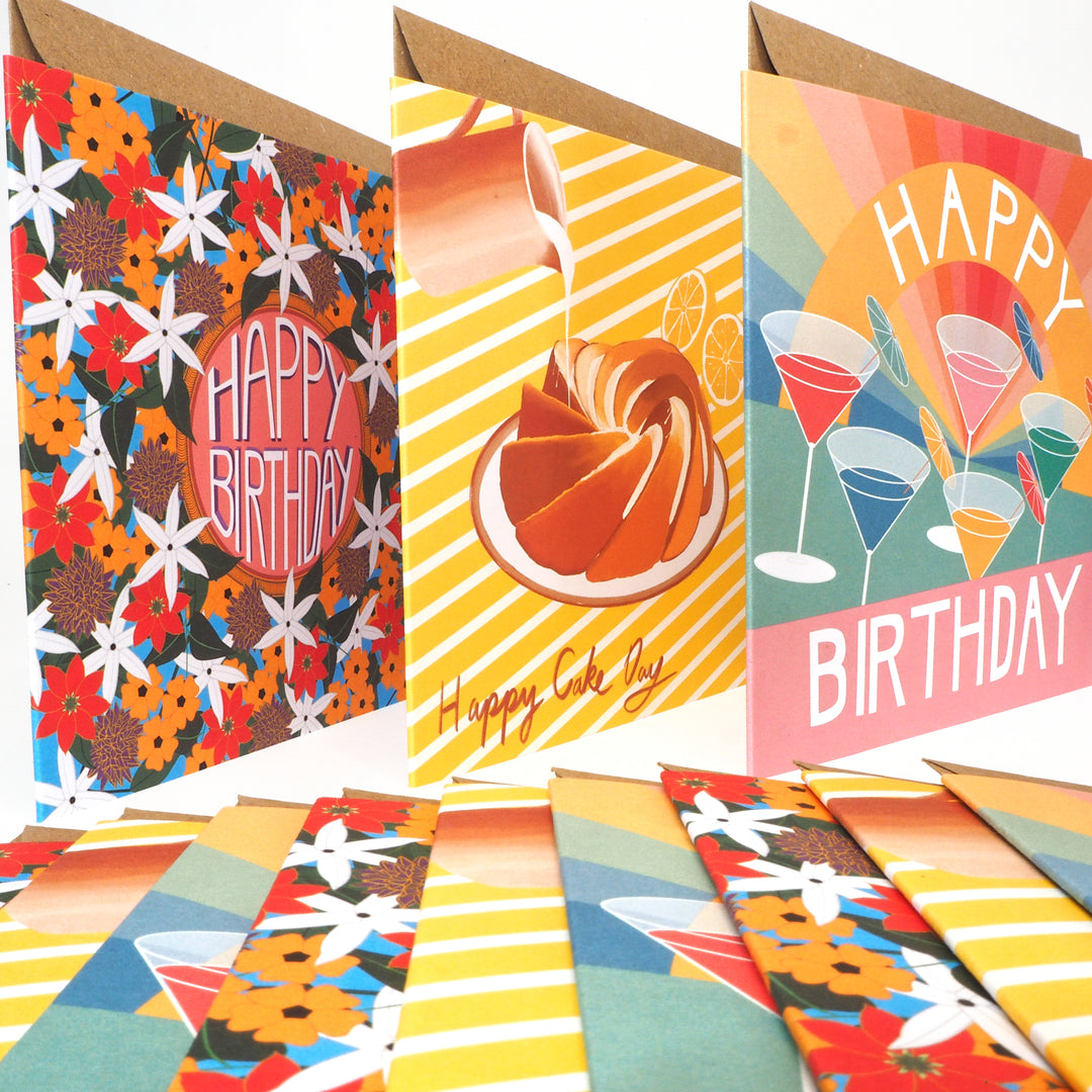 bright stem birthday cards for women multipack Displayed . Recyclable eco friendly. vintage style designs influenced by the Bauhaus, Art Deco,vintage baking books sold by the artist / designer
