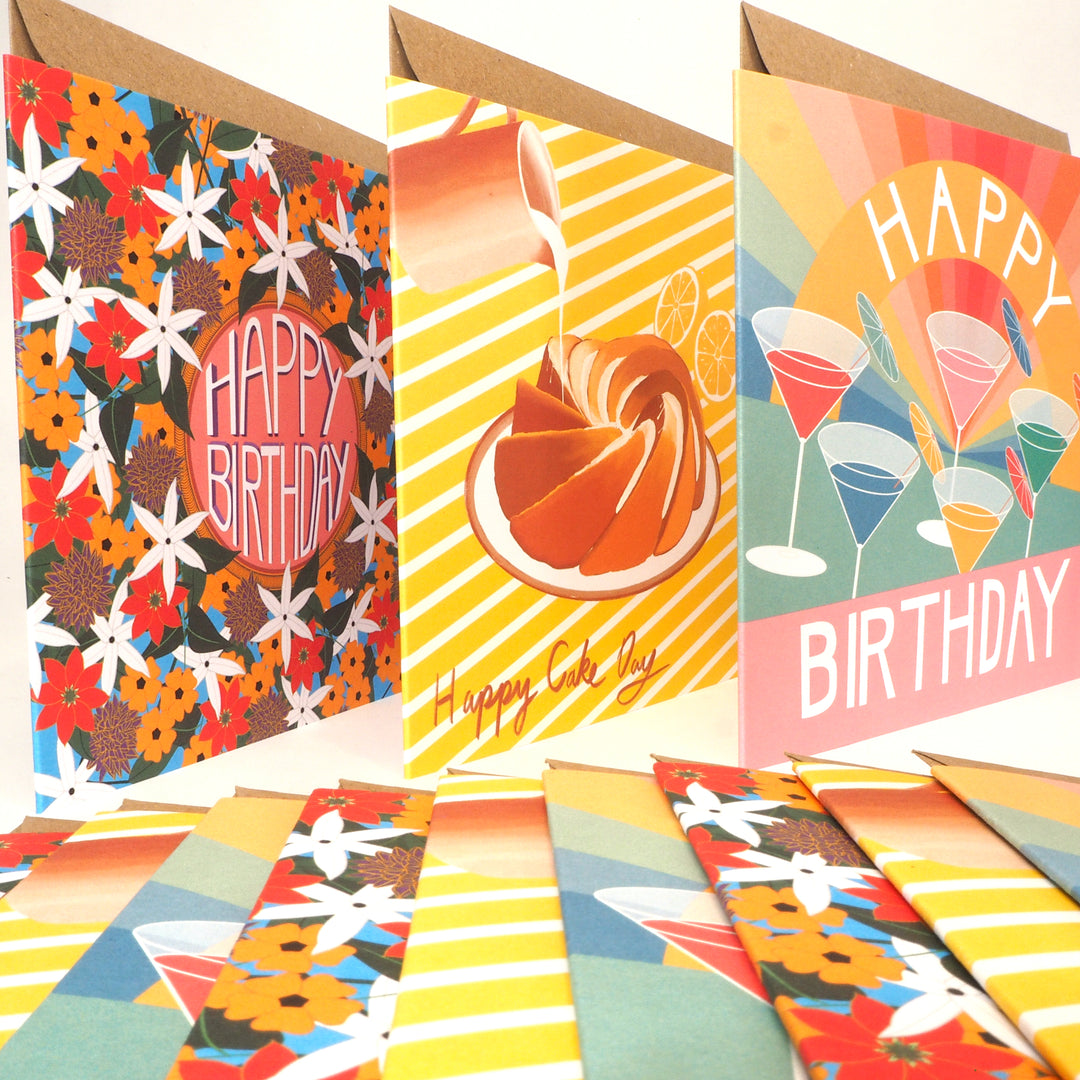 bright stem birthday cards multipack Displayed . Recyclable eco friendly. vintage style designs influenced by the Bauhaus, Art Deco,vintage baking books sold by the artist / designer