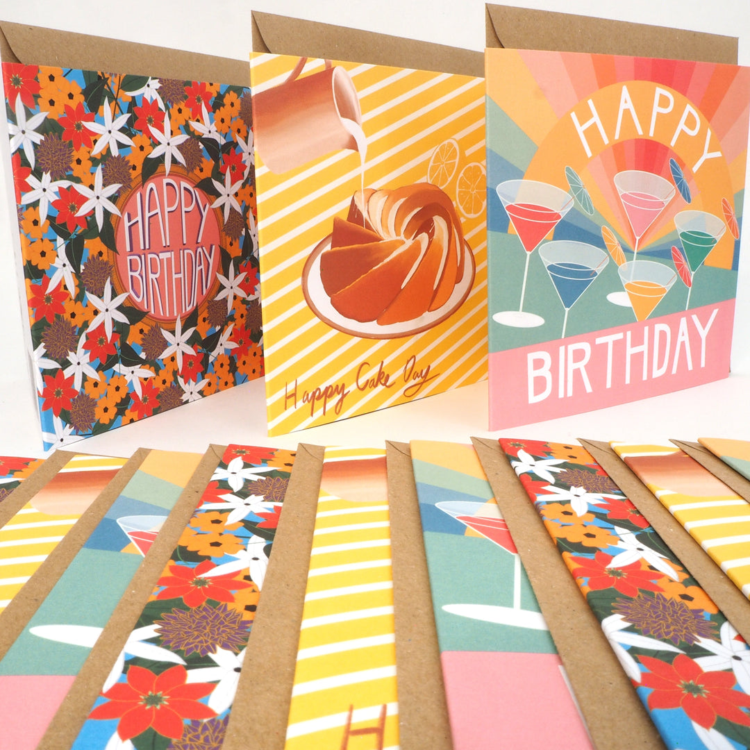 bright stem birthday cards multipack Displayed . Recyclable eco friendly. vintage style designs influenced by the Bauhaus, Art Deco,vintage baking books sold by the artist / designer