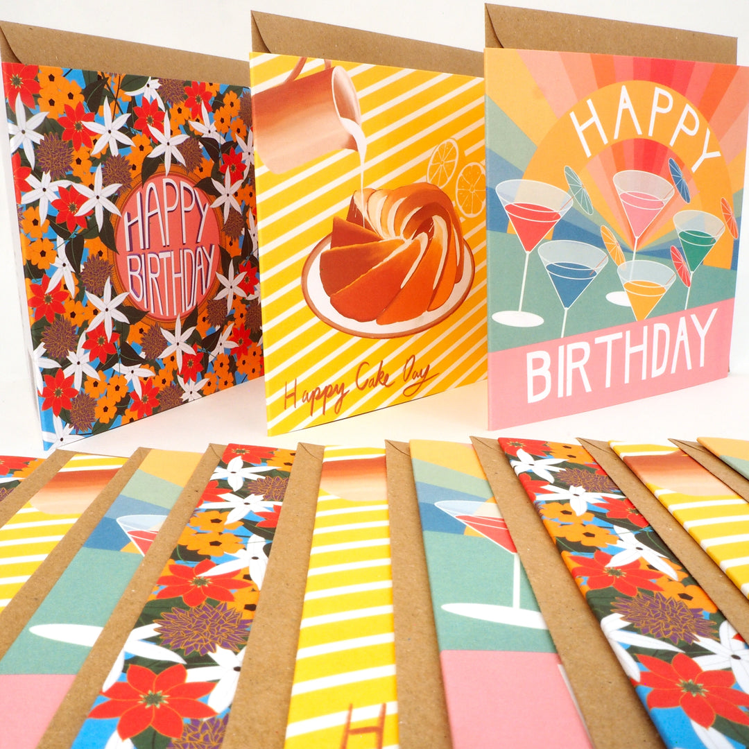 bright stem birthday cards multipack Displayed . Recyclable eco friendly. vintage style designs influenced by the Bauhaus, Art Deco,vintage baking books sold by the artist / designer