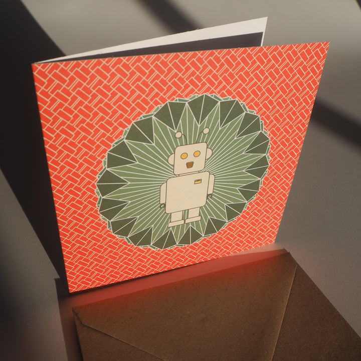 bright stem children's sc-fi birthday card. Ray the robot in evening sun