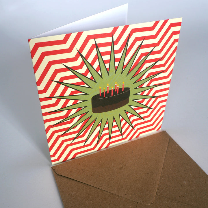 Bright Stem Recyclable, Recycled Greeting Card, Happy Birthday, Children's, Congratulations, chocolate cake and candles in the style of a comic book or POP Art