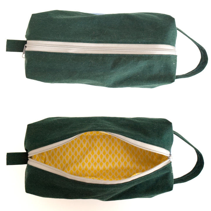 Bright Stem Toiletry/Wash Bag Handmade Upcycled Dark Green and Denim with Yellow Triangle Inner Pattern Inner Linning