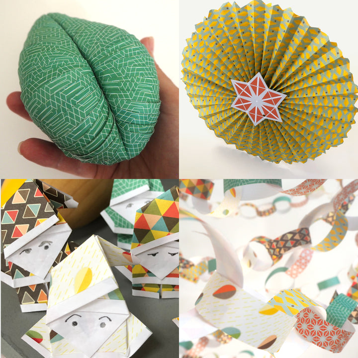 examples of arts and crafts projects made with bright stem geometric recyclable wrapping paper. green abstract sculpture, origami circular creased decoration with star, little paper elf men, paper chains.