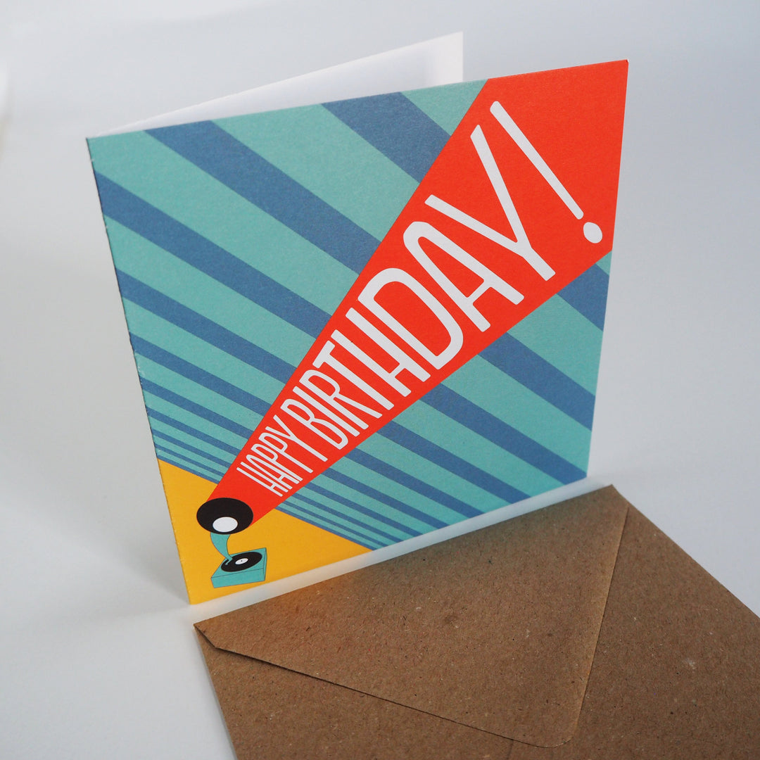 bright stem happy birthday greeting card featuring illustration of vintage record player inspired by the Bauhaus graphic design 