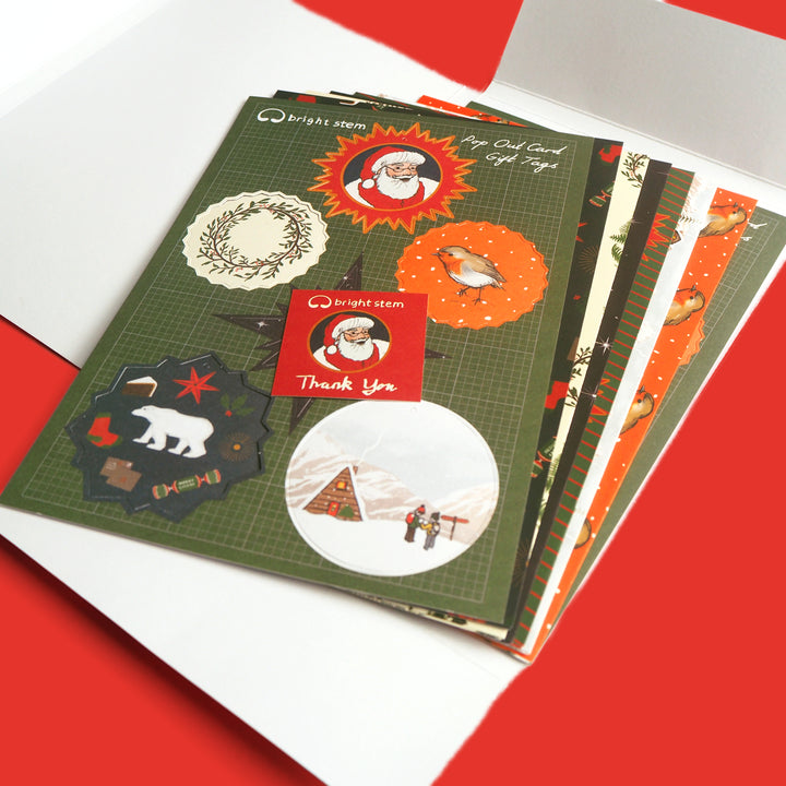 Bright Stem Illustrated Christmas Wrapping Paper and pop out tags, in folder with thank you card displayed