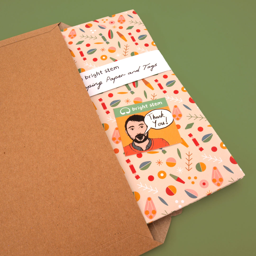 recyclable wrapping paper and tags with 'bright stem' branding being packed into a cardboard folder for delivery