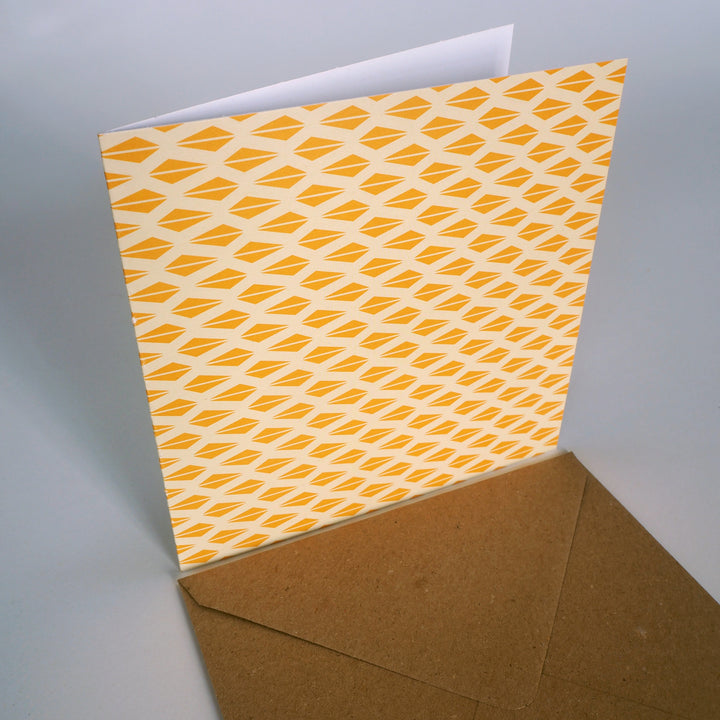 bright stem blank greeting card notecard with brown craft envelope featuring yellow triangle pattern made in the uk