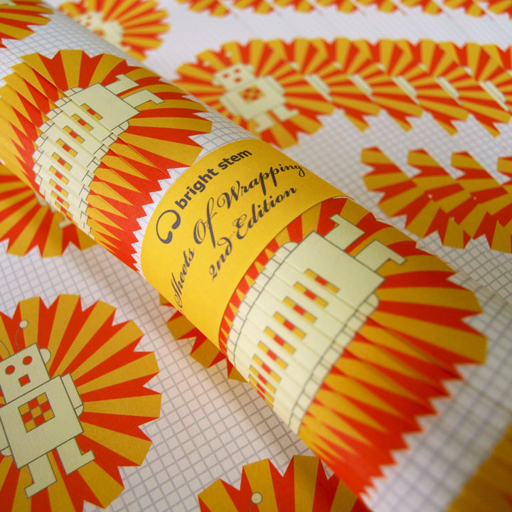 Kids Wrapping Paper Rolled (9) Sheets (Ray the Robot Design) - bright stem