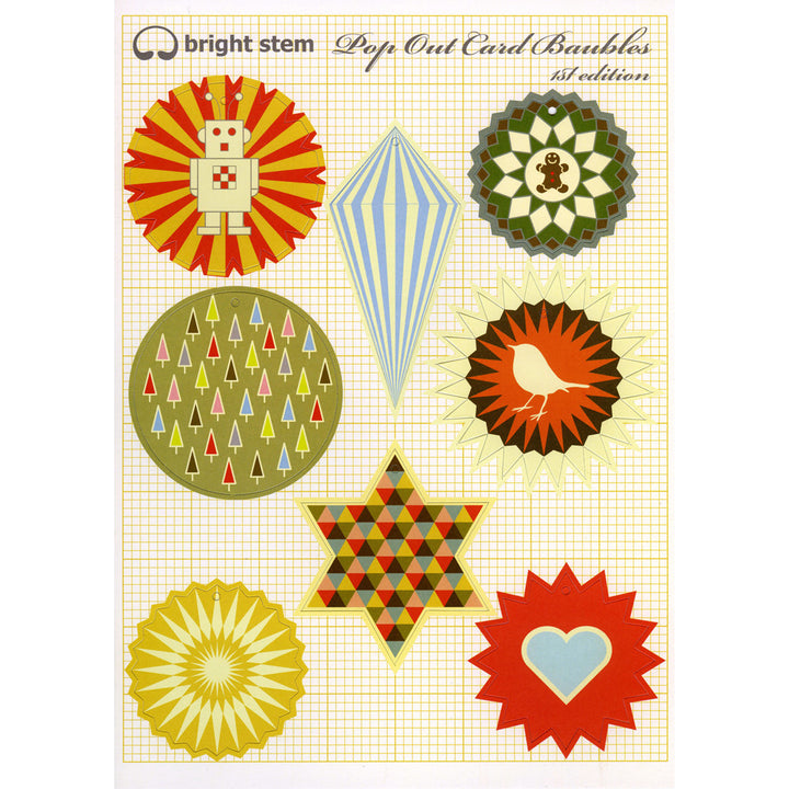 Bright Stem Christmas Decorations - Pop Out Baubles on A4 Sheets. Vintage style designs front