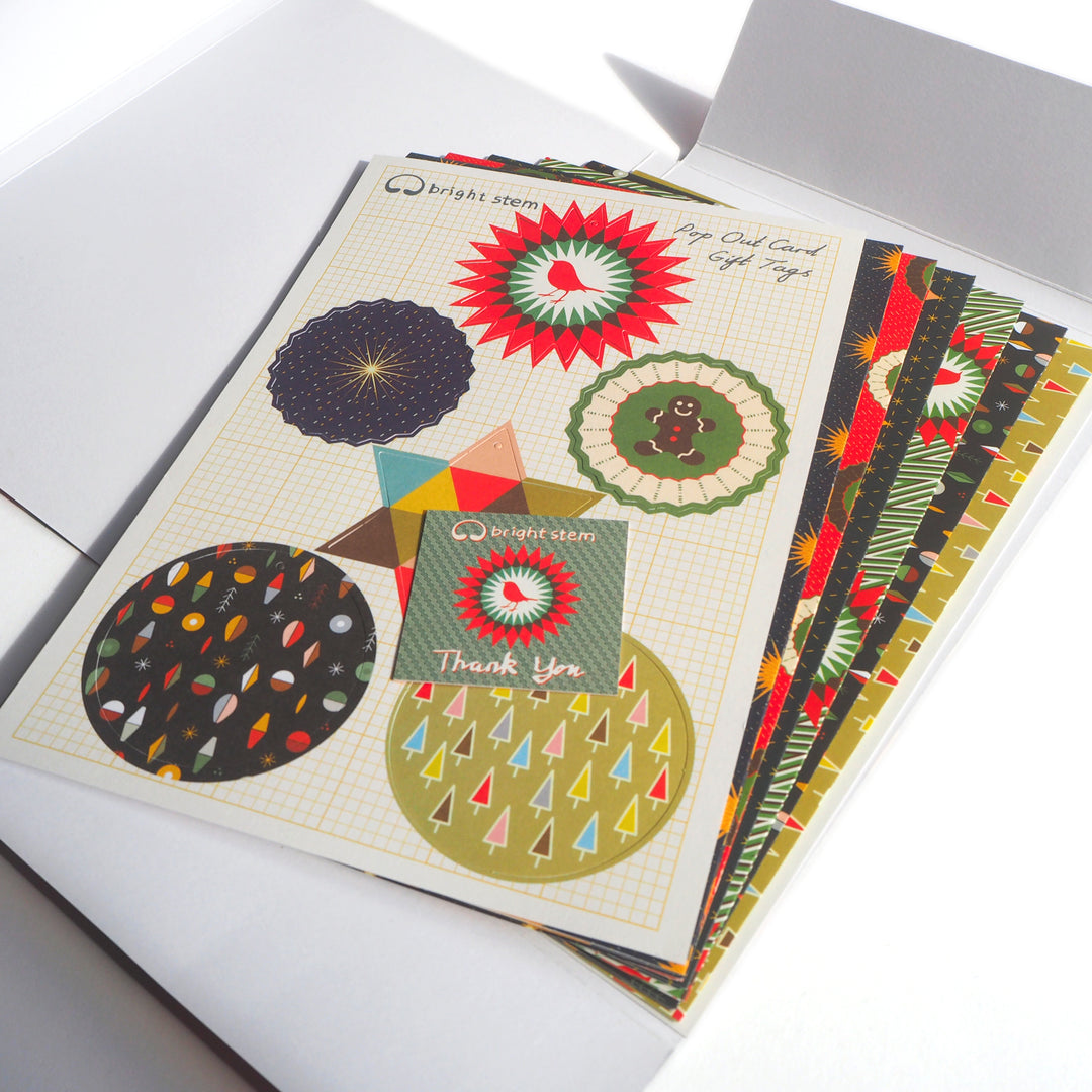 Bright Stem Recyclable Christmas Wrapping Paper Gift Wrap Folded (6) Sheets and Tags Mixed Pack - bright stem open folder packaging contents displayed
