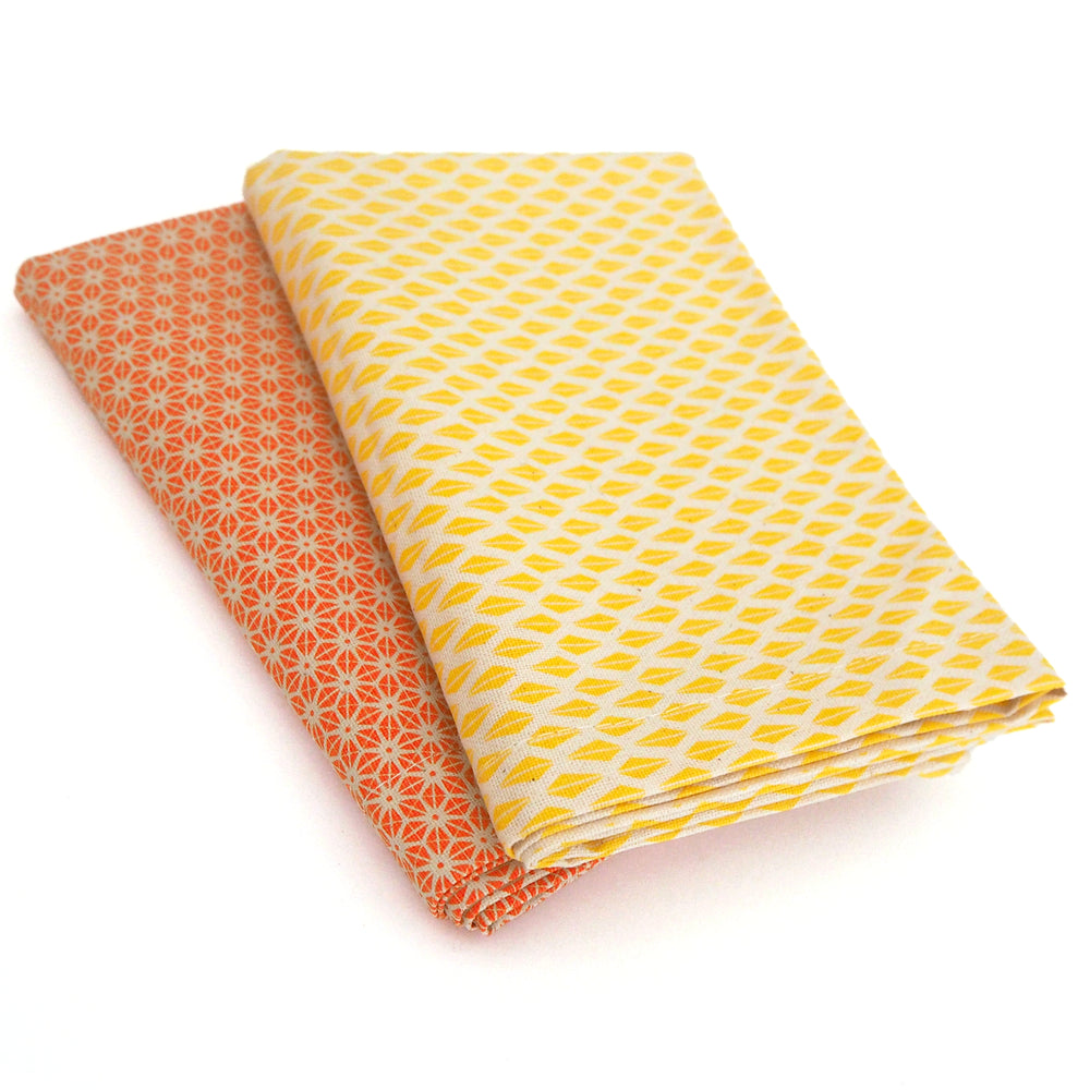 Set of Two Tea Towels Organic Cotton Orange Star and Yellow Triangle Patterns - bright stem vintage Japanese modernist style design. GOTS certified. made in the UK. Surface pattern design.