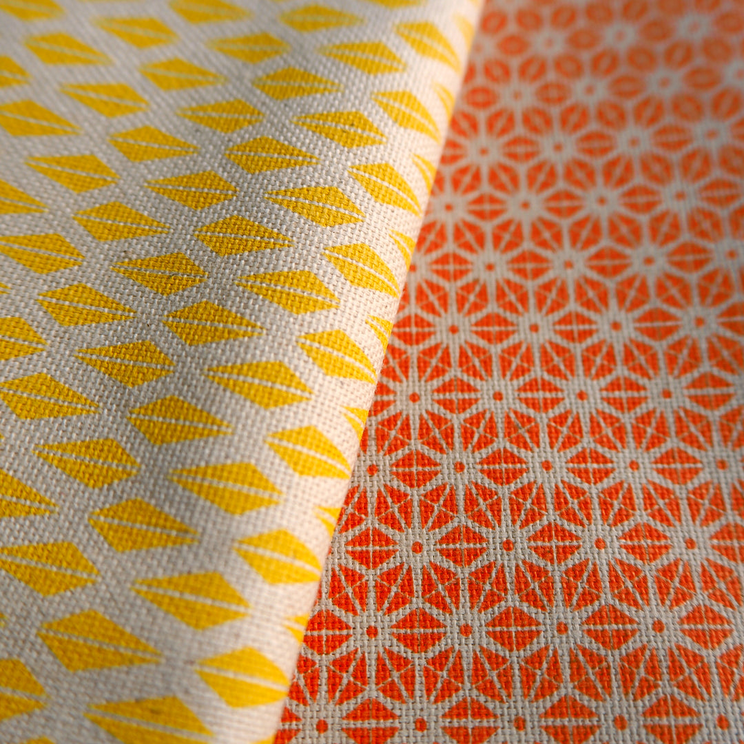 Set of Two Tea Towels Organic Cotton Orange Star and Yellow Triangle Patterns - bright stem vintage modernist / Japanese style close up 