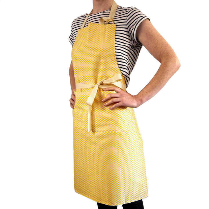 Adult Kitchen Apron with pocket made from Organic Cotton featuring a Yellow Triangle Pattern