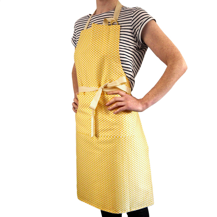 bright stem Adult Kitchen Apron with large pocket made from Organic Cotton featuring a Yellow Triangle Pattern