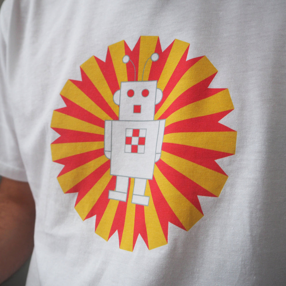 Ethical White T-Shirt with Ray the Robot Design Mens/Unisex - bright stem