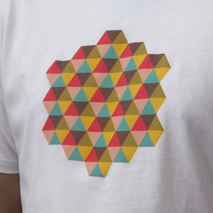 Ethical White T-Shirt with Kaleidoscopic Triangle Design Mens/Unisex - bright stem
