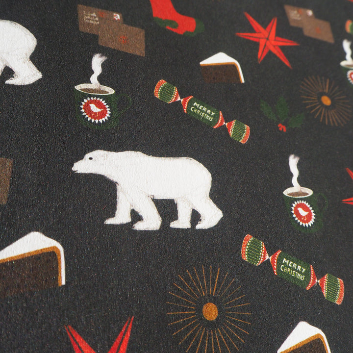 Bright Stem Recyclable Illustrated Christmas Wrapping Paper recycled red star polar bear warm socks hot mug letters